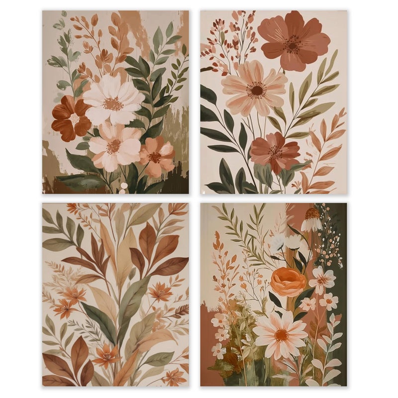 BESERH Boho Abstract Floral Wall Decor, Vintage Floral Wall Art Prints, Rustic Cottagecore Botanical Flower Posters for Home Bedroom Living Room, 8x10 Inches Set of 4 Unframed - Image 1
