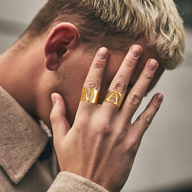 KeyStyle Bold Initial Letter Rings Adjustable, GoldChic Jewelry Women Gold Statement Ring Personalized Engraved Women’s Open Signet Ring for Party (Gold, White Gold, Black) - Image 3