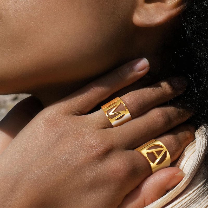KeyStyle Bold Initial Letter Rings Adjustable, GoldChic Jewelry Women Gold Statement Ring Personalized Engraved Women’s Open Signet Ring for Party (Gold, White Gold, Black) - Image 2