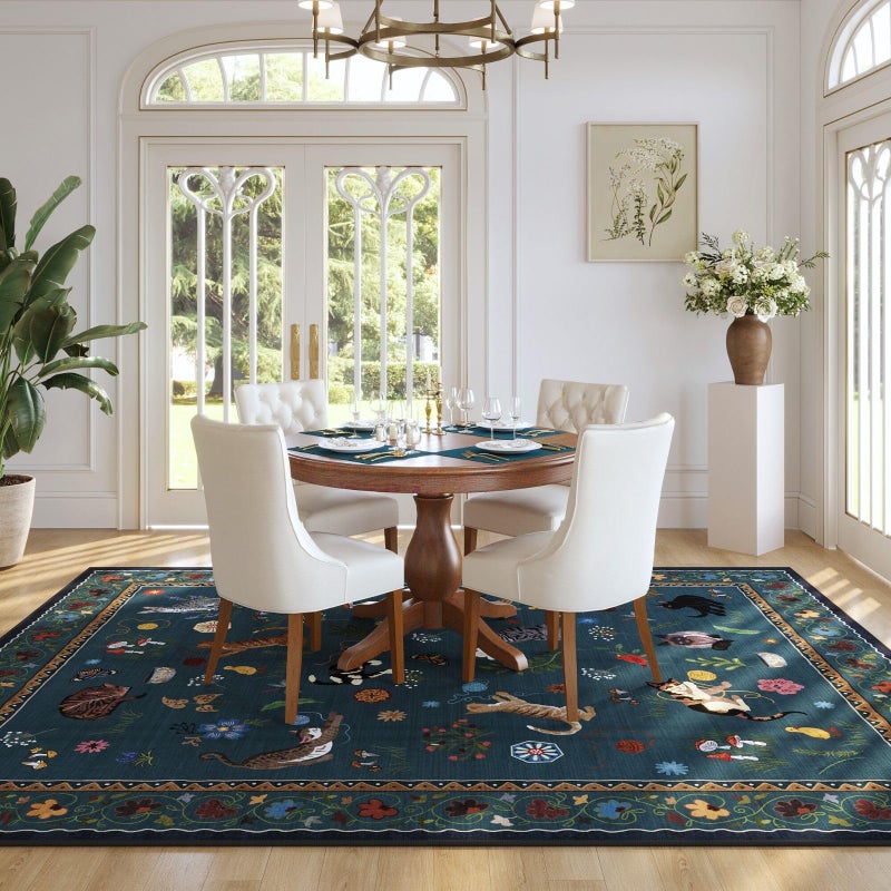 Rugcomf Area Rugs 8x10 Rug for Living Room Clearance Washable Boho Area Rug Non Slip Floral Animal Cat Vintage Low Pile Large Rug for Bedroom Farmhouse Dining Room Kids Playroom, Pearl Gentian Blue - Image 3
