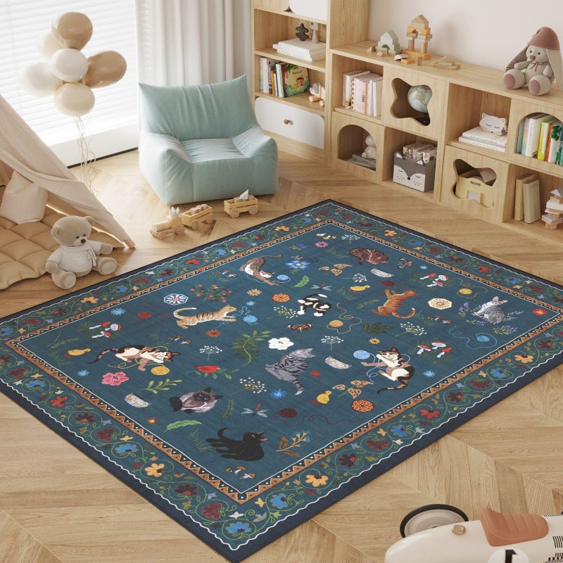 Rugcomf Area Rugs 8x10 Rug for Living Room Clearance Washable Boho Area Rug Non Slip Floral Animal Cat Vintage Low Pile Large Rug for Bedroom Farmhouse Dining Room Kids Playroom, Pearl Gentian Blue - Image 5
