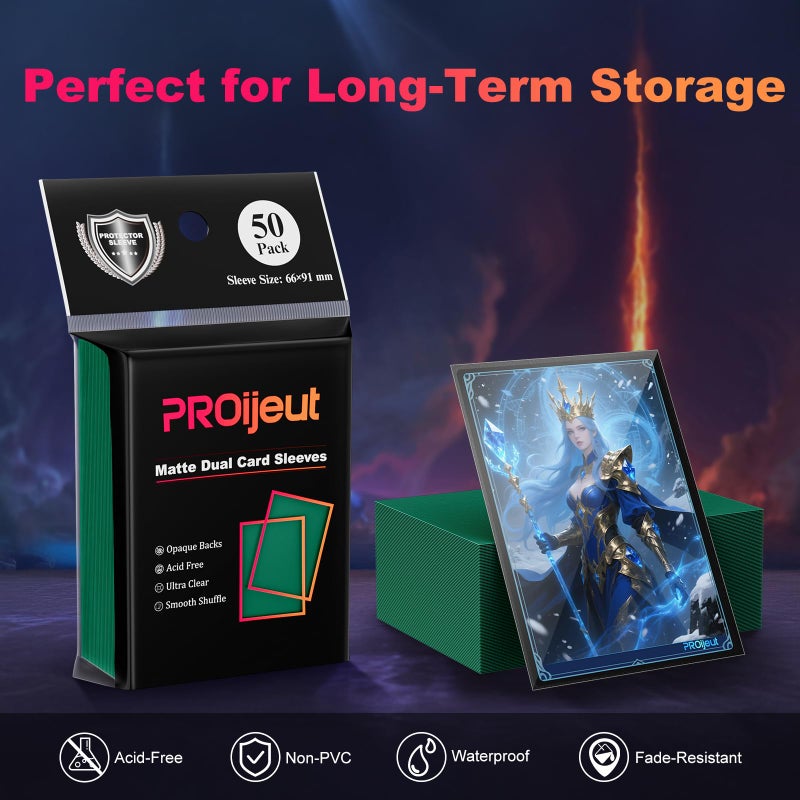 Proijeut 200 Pack Card Sleeves, Matte Dual Trading Card Sleeves with Opaque Back & Smooth Shuffle, Tear Resistant Card Protectors for MTG, TCG and Game Cards (Metallic Green) - Image 4