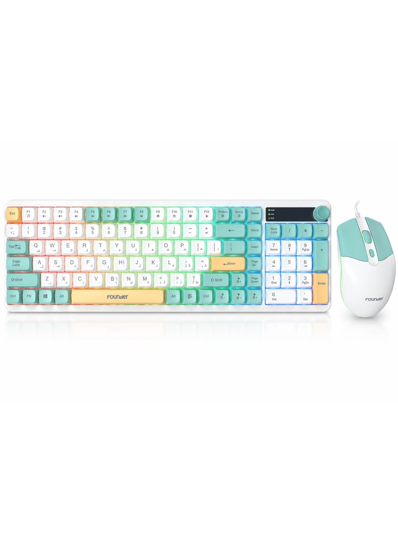 founder MK650 Gaming Keyboard & Mouse Combo – Rainbow Membrane Keyboard with Volume Knob + 2000 DPI Gaming Mouse (Arabic/English Layout) Green - Image 1