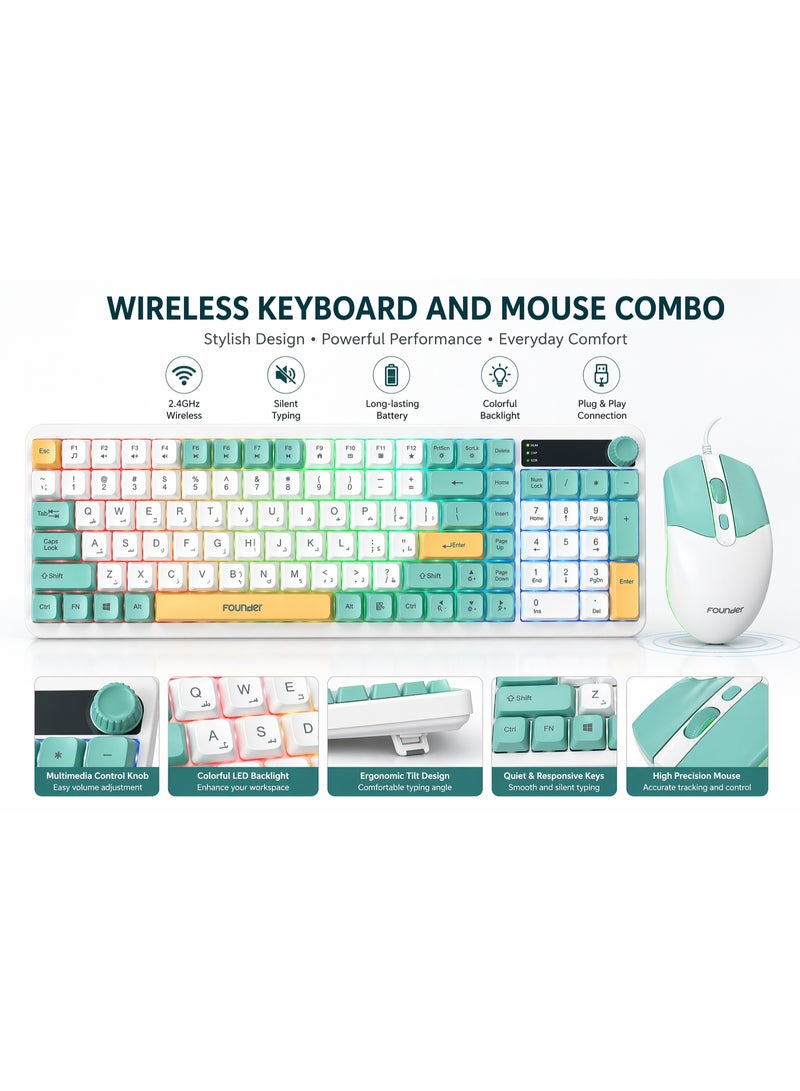 founder MK650 Gaming Keyboard & Mouse Combo – Rainbow Membrane Keyboard with Volume Knob + 2000 DPI Gaming Mouse (Arabic/English Layout) Green - Image 2