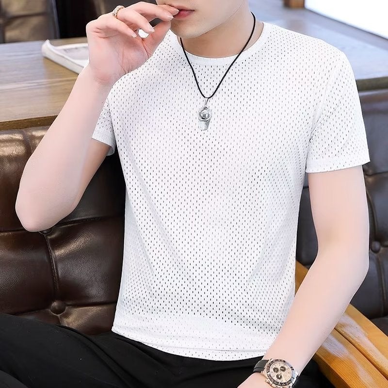 Summer Men'S Ice-Feel Large Mesh Sports Short-Sleeved T-Shirt Quick-Drying Breathable Ice Silk High-Elastic Loose Cut Out - Image 1