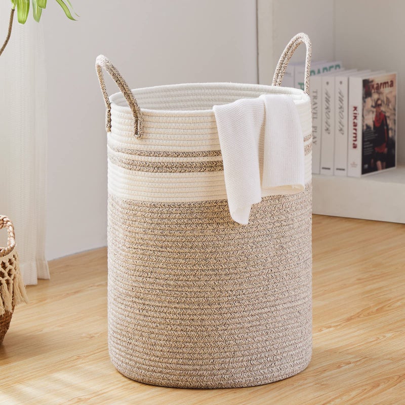 Fiona's magic Fionas magic 72L Large Woven Laundry Hamper Tall Cotton Rope Storage Basket Jute Baby Nursery Hamper for Blankets Toys and Clothes in Bedroom and Living Room Organizing Brown  White