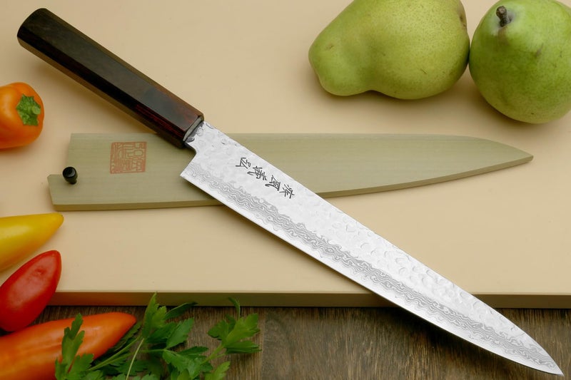 Yoshihiro VG10 46 Layers Hammered Damascus Sujihiki Japanese Slicer Knife (9.5" (240mm) Rosewood Handle) - Image 2