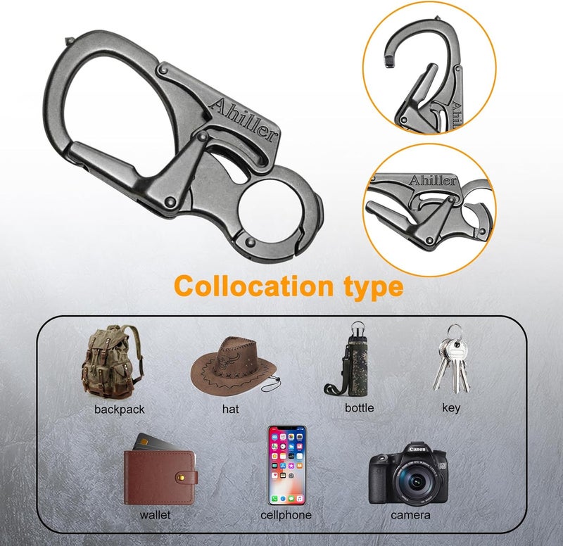 Ahiller مشبك مفاتيح من نوع Karabiner، مزود بخطاف ومشبك إضافي، تصميم بنظام قفل مزدوج - من سبيكة فولاذ الوولفرام - طول 8 سم، مناسب لحزم مفاتيح السيارات - Image 5