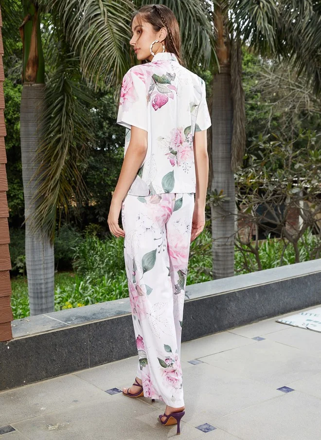 SASSAFRAS Floral Printed Shawl Collar Top With Pants For Women