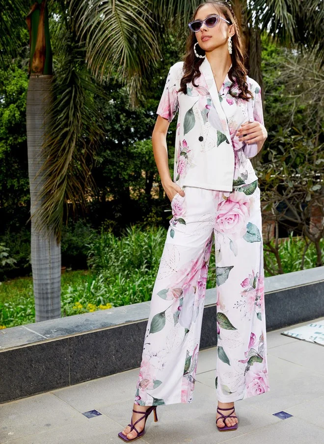 SASSAFRAS Floral Printed Shawl Collar Top With Pants For Women