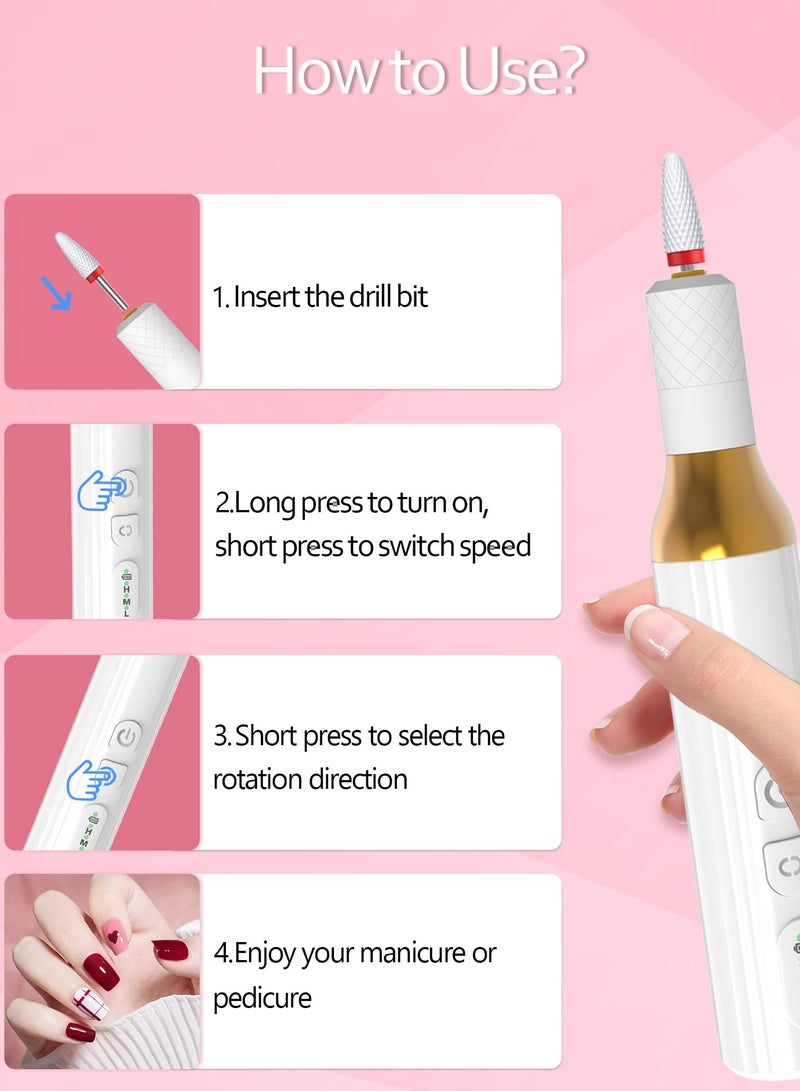 Professional Cordless Electric Nail Drill for Acrylic & Gel Nails - Versatile Manicure & Pedicure Tool for Polishing & Shaping, Sleek White Design - Image 4