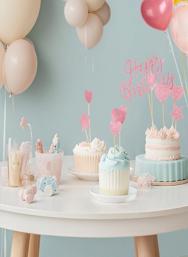 سيسو غطاء كعكة عيد ميلاد وردي لامع مع حروف لتزيين كعكة عيد الميلاد مع 5 قطع نجوم و5 قطع قلب حب، غطاء كعكة مصنوع يدويًا للاحتفال بالذكرى السنوية، مجموعة من 11 قطعة، وردي - Image 3