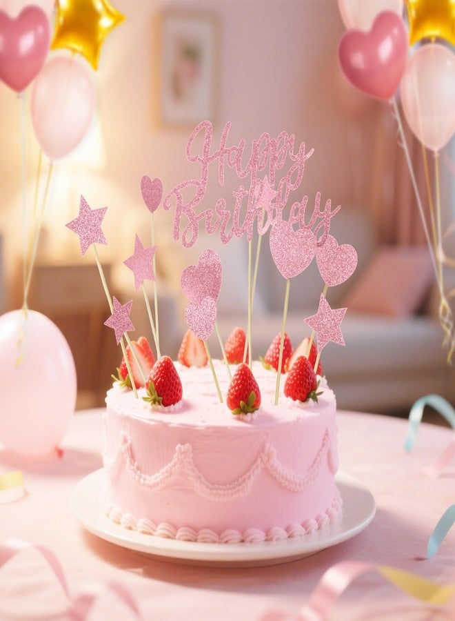 سيسو غطاء كعكة عيد ميلاد وردي لامع مع حروف لتزيين كعكة عيد الميلاد مع 5 قطع نجوم و5 قطع قلب حب، غطاء كعكة مصنوع يدويًا للاحتفال بالذكرى السنوية، مجموعة من 11 قطعة، وردي - Image 2