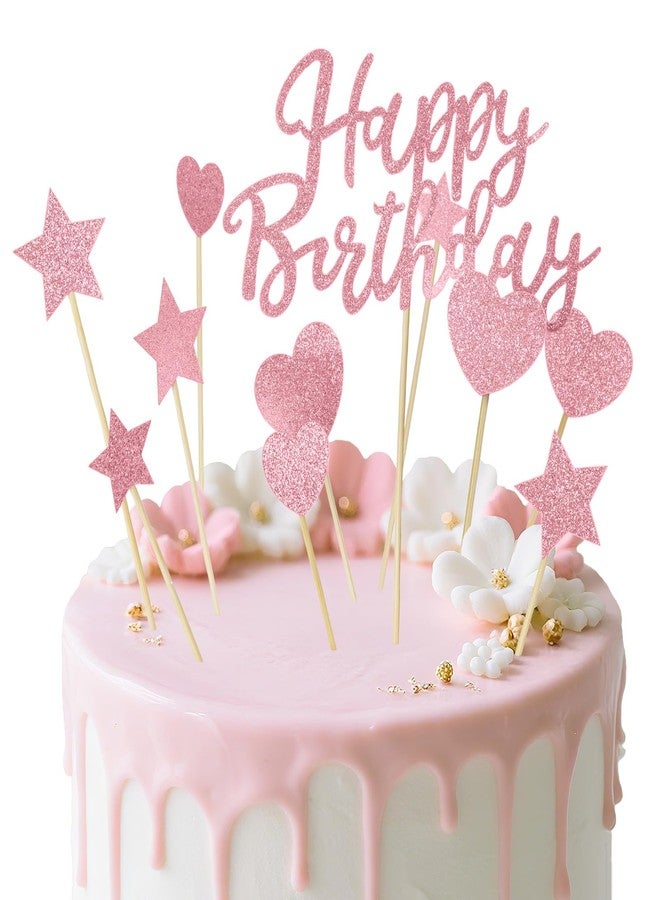 سيسو غطاء كعكة عيد ميلاد وردي لامع مع حروف لتزيين كعكة عيد الميلاد مع 5 قطع نجوم و5 قطع قلب حب، غطاء كعكة مصنوع يدويًا للاحتفال بالذكرى السنوية، مجموعة من 11 قطعة، وردي - Image 1