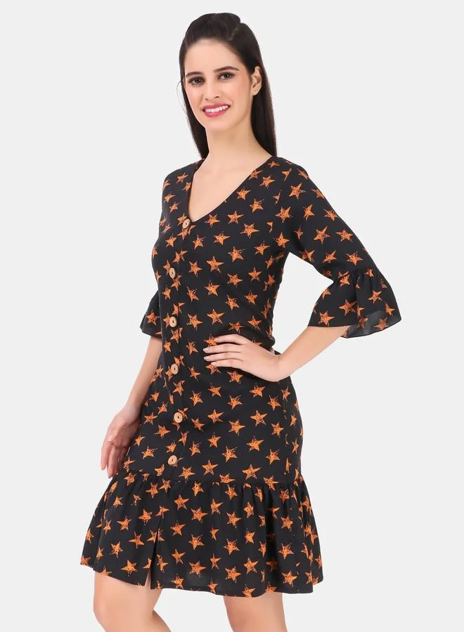 House Of Raeli Black A-Line Star Print Knee-Length Dress with 3/4 Sleeves