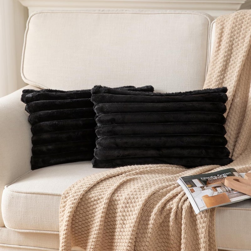 DEELAND Pack of 2 Double-Sided Faux Fur Plush Decorative Throw Pillow Covers Fuzzy Striped Soft Pillowcase Cushion Covers for Sofa Couch Bedroom Black 12x20 inch