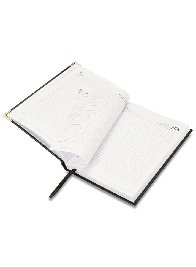 FIS مفكرة 2026، مفكرة بحجم A5 (148x210 مم)، غلاف صلب من مواد الفينيل، مبطنة من جهة واحدة، زوايا ذهبية، السبت والأحد مجتمعة، إنجليزي، ورق أبيض 60 جرام، لون أسود - FSDI92E26BK - Image 4