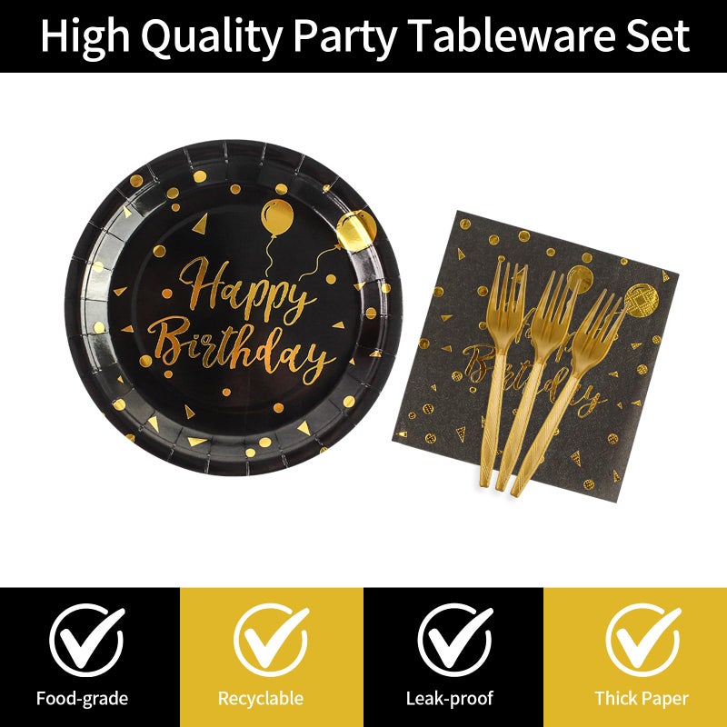 KFJBPB 48PCS Happy Birthday Plates and Napkins Party Supplies, Black and Gold Disposable Paper Plates and Napkins with Forks Tableware Set for Birthday Party Decorations 16 Guests (Birthday Black) - Image 3