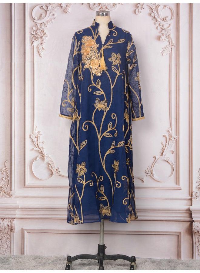 Blue Muslim Robe Women Long Dress Robe New Women Embroidered Beaded Pendant Evening Dress