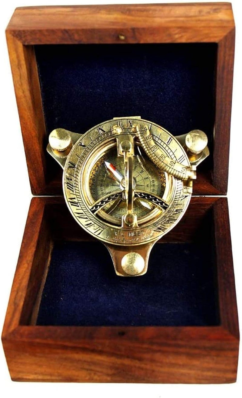 THOR INSTRUMENTS 3" Brass Sundial Compass West London with Wooden Box Rustic Vintage Home Decor Gifts - Image 1
