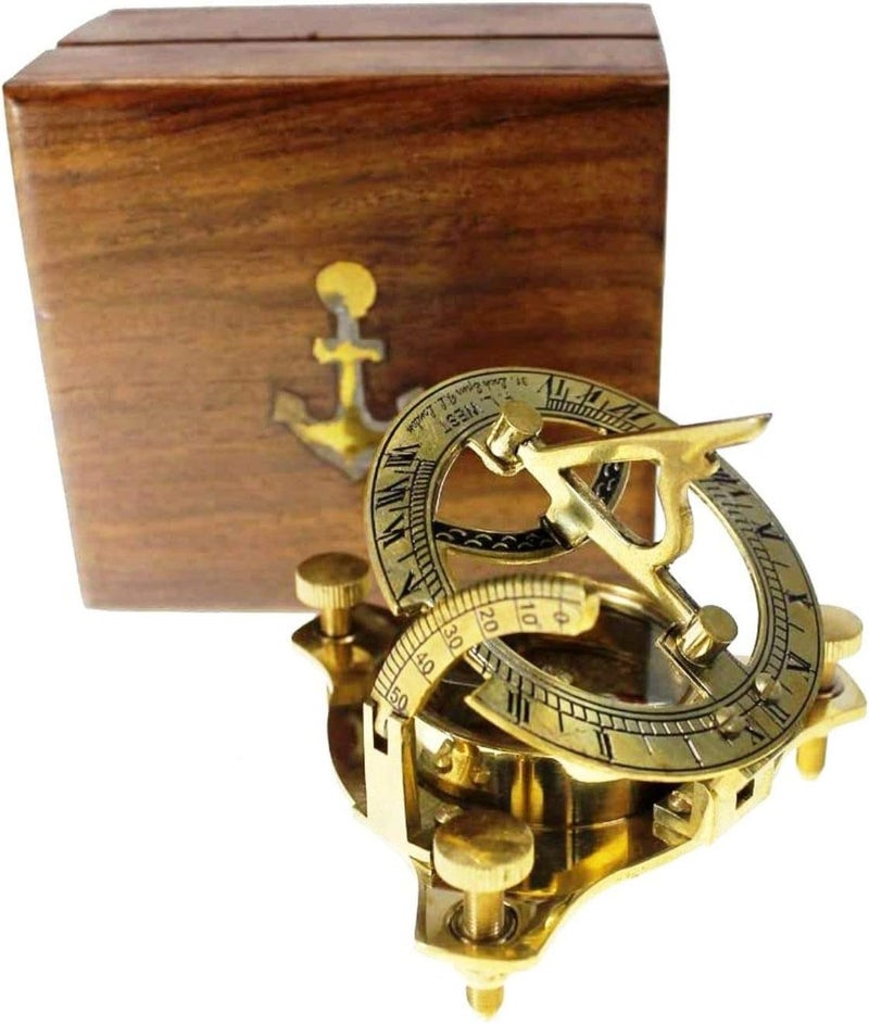 THOR INSTRUMENTS 3" Brass Sundial Compass West London with Wooden Box Rustic Vintage Home Decor Gifts - Image 2