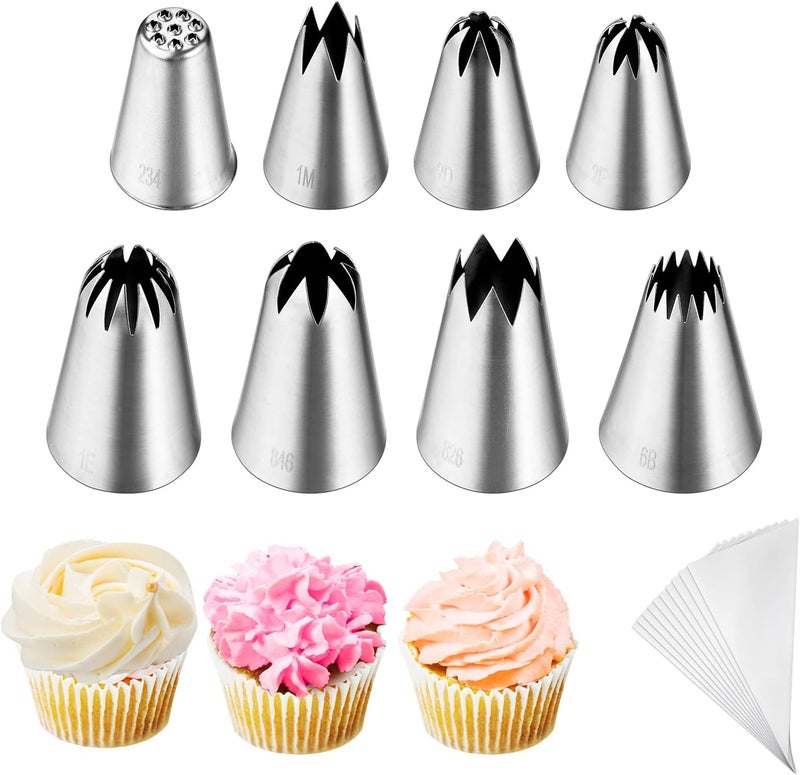 Kasmoire 8Pcs Large Piping Tips Set,Stainless Steel Icing Tips with 10 Disposable Pastry Bags for Cake Decorating - Image 1