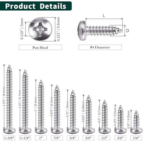 EASTLO #4 x 3/4" Pan Head Sheet Metal Screws, 304 Stainless Steel 18-8, Phillips Drive, Self Tapping, Corrosion Resistant Screws for Wood Sheet Metal, Pack of 100 - Image 5