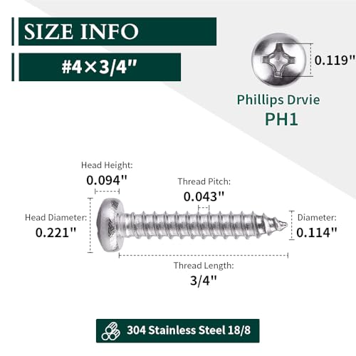 EASTLO #4 x 3/4" Pan Head Sheet Metal Screws, 304 Stainless Steel 18-8, Phillips Drive, Self Tapping, Corrosion Resistant Screws for Wood Sheet Metal, Pack of 100 - Image 2