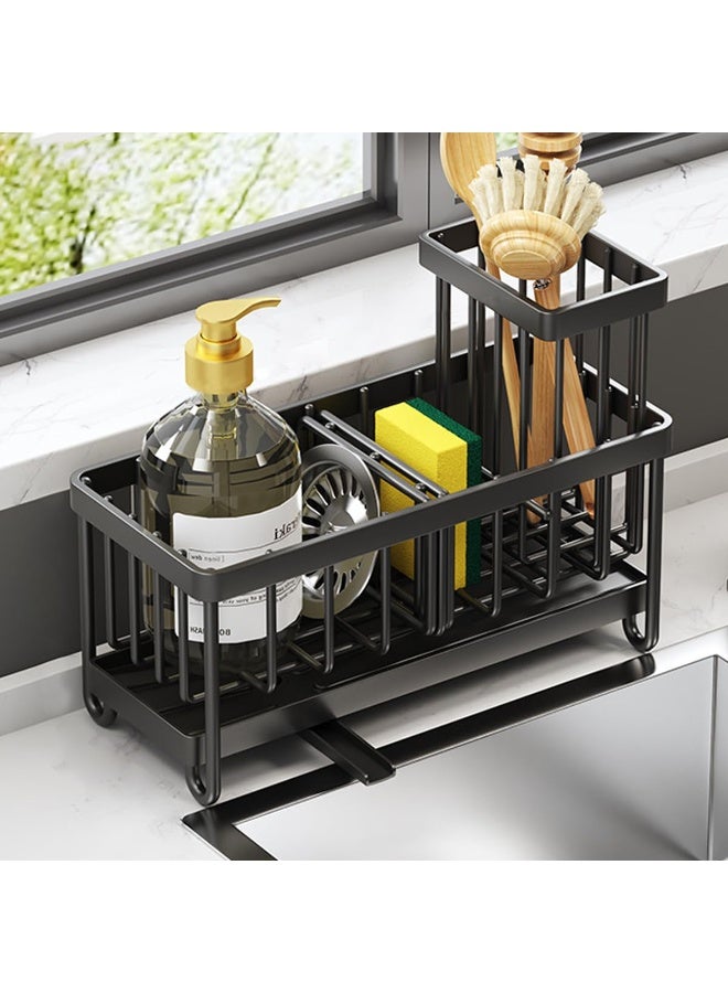 HASTHIP® Sponge Holder for Kitchen Sink, 304 Stainless Steel Kitchen Sink Organizer with Self-Draining Drainage Tray, Dish Cloth Towel Rack and High Brush Holder, Countertop Kitchen Sink Accessories - Image 1