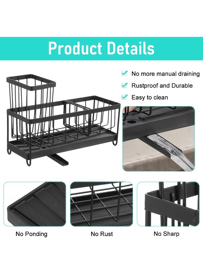 HASTHIP® Sponge Holder for Kitchen Sink, 304 Stainless Steel Kitchen Sink Organizer with Self-Draining Drainage Tray, Dish Cloth Towel Rack and High Brush Holder, Countertop Kitchen Sink Accessories - Image 4