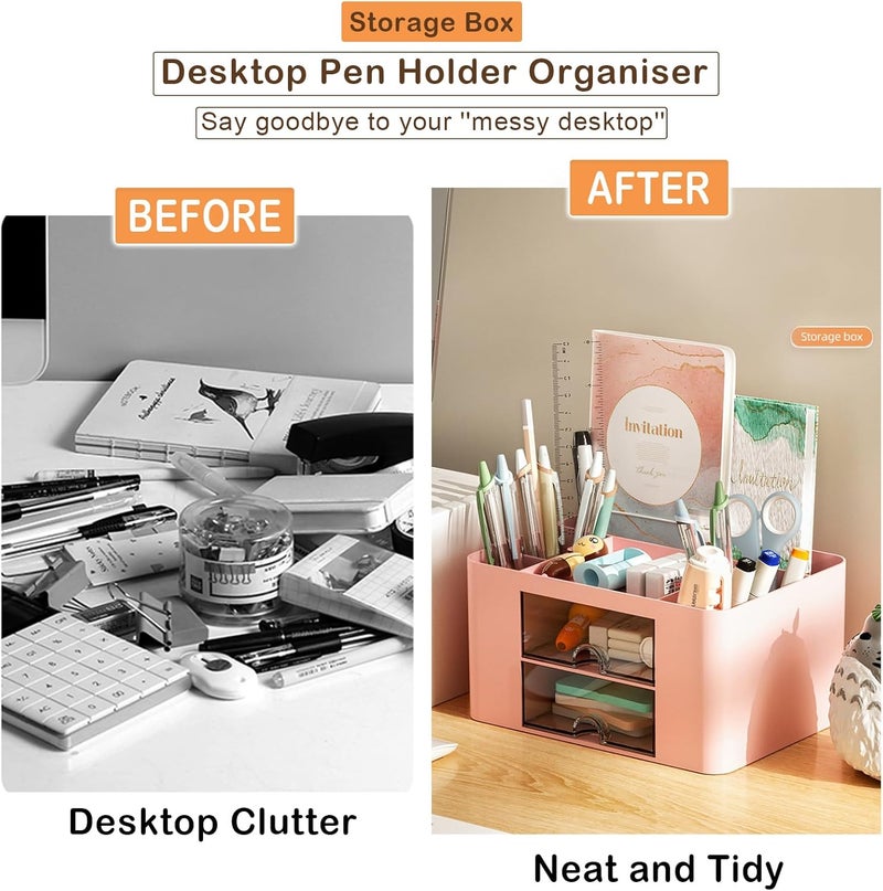 COMFYROOM Desk Organizer with 4 Compartments and 2 Drawers, Pen Holder for Desktop Storage, Makeup Organizer, Desk Organization and Accessories for School, Home, Office Supplies (Pink) - Image 4