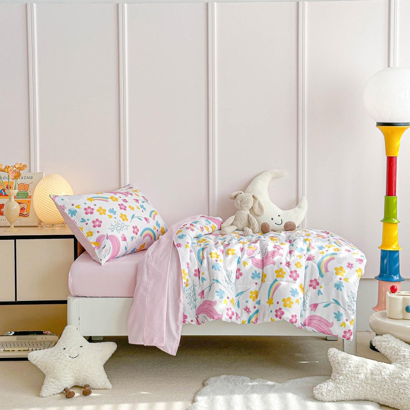 Uozzi Bedding Unicorn Toddler Bedding Set for Girls Light Pink Unicorn Flowers 4PC Toddler Bed Set - Soft Blue Yellow Floral Rainbow Cute Princess Toddler Bed in a Bag with Pink Sheet Set and Pillow Shams - Image 2