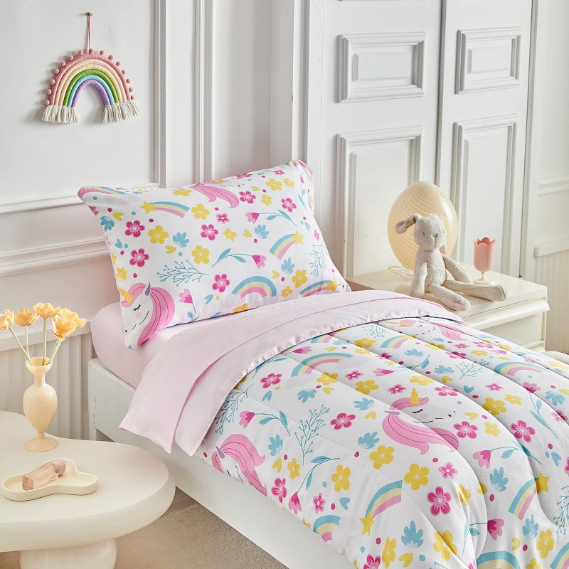 Uozzi Bedding Unicorn Toddler Bedding Set for Girls Light Pink Unicorn Flowers 4PC Toddler Bed Set - Soft Blue Yellow Floral Rainbow Cute Princess Toddler Bed in a Bag with Pink Sheet Set and Pillow Shams - Image 5