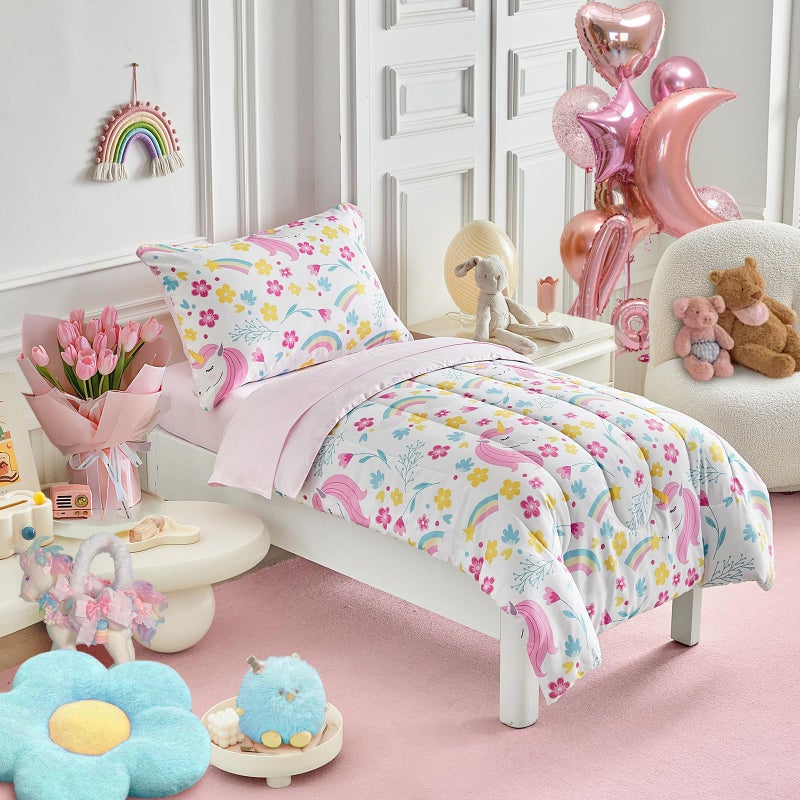 Uozzi Bedding Unicorn Toddler Bedding Set for Girls Light Pink Unicorn Flowers 4PC Toddler Bed Set - Soft Blue Yellow Floral Rainbow Cute Princess Toddler Bed in a Bag with Pink Sheet Set and Pillow Shams - Image 1