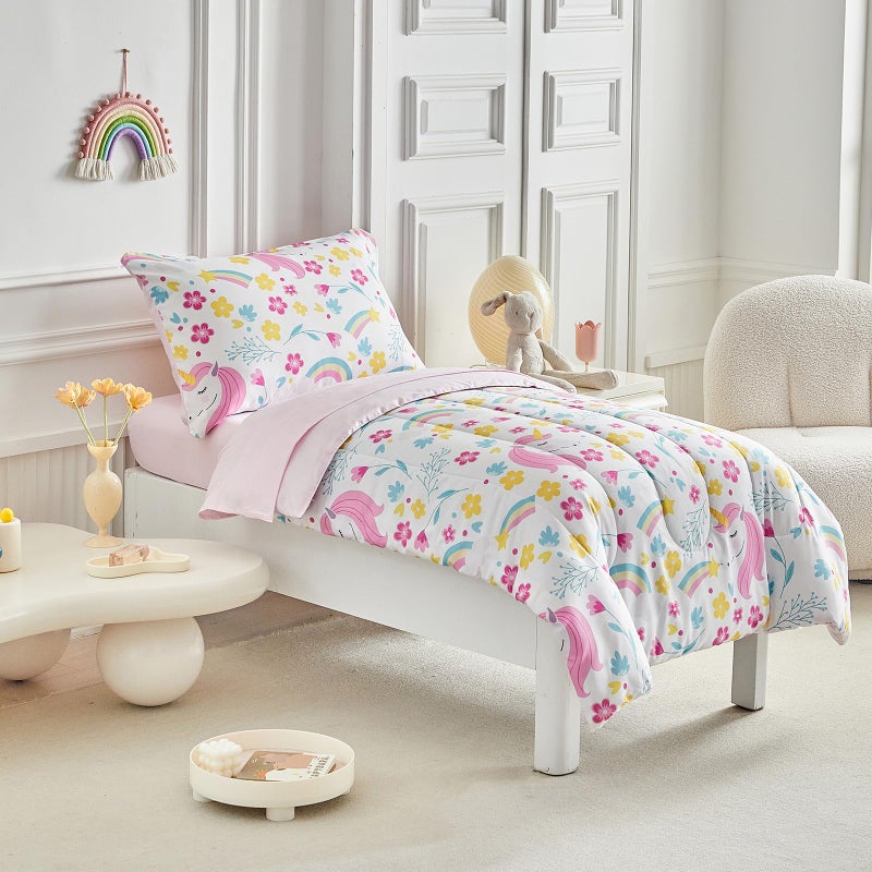 Uozzi Bedding Unicorn Toddler Bedding Set for Girls Light Pink Unicorn Flowers 4PC Toddler Bed Set - Soft Blue Yellow Floral Rainbow Cute Princess Toddler Bed in a Bag with Pink Sheet Set and Pillow Shams - Image 4