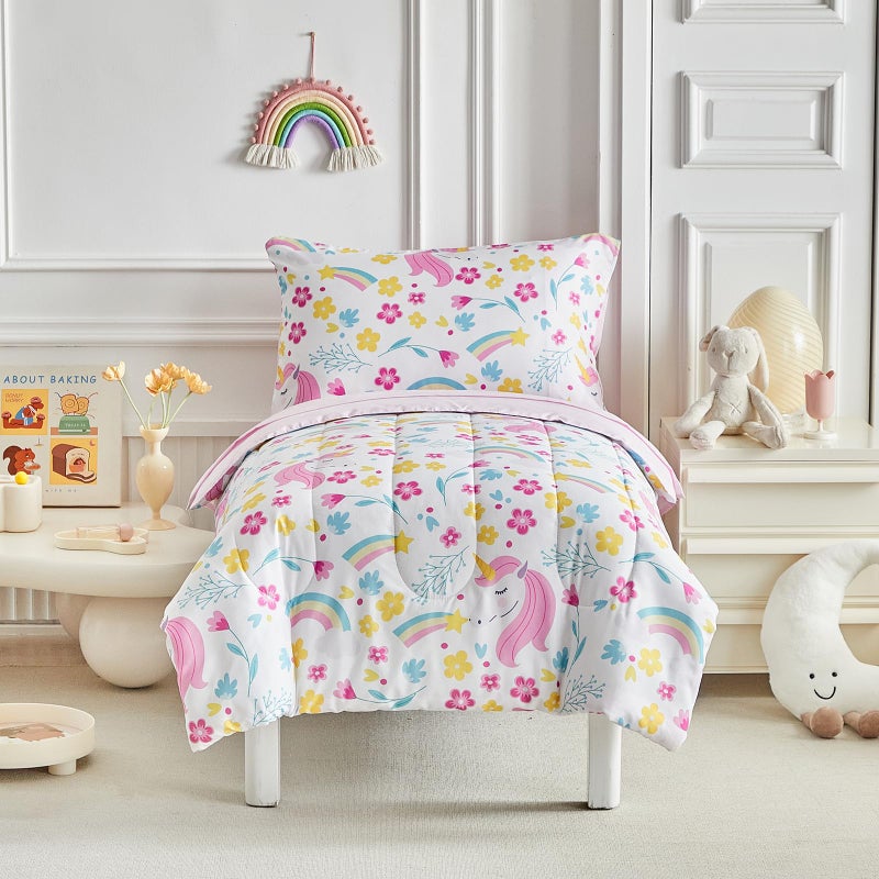 Uozzi Bedding Unicorn Toddler Bedding Set for Girls Light Pink Unicorn Flowers 4PC Toddler Bed Set - Soft Blue Yellow Floral Rainbow Cute Princess Toddler Bed in a Bag with Pink Sheet Set and Pillow Shams - Image 3