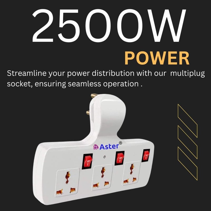 Aster مقبس متعدد بثلاثة دبابيس | لوحة تمديد حائطية بدون سلك مع حماية من الفيوز، مقابس عالمية ومفاتيح فردية (مقبس متعدد 3 دبابيس) - Image 4