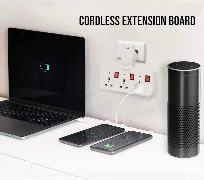 Aster مقبس متعدد بثلاثة دبابيس | لوحة تمديد حائطية بدون سلك مع حماية من الفيوز، مقابس عالمية ومفاتيح فردية (مقبس متعدد 3 دبابيس) - Image 3