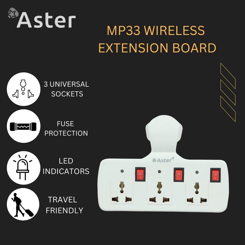 Aster مقبس متعدد بثلاثة دبابيس | لوحة تمديد حائطية بدون سلك مع حماية من الفيوز، مقابس عالمية ومفاتيح فردية (مقبس متعدد 3 دبابيس) - Image 2