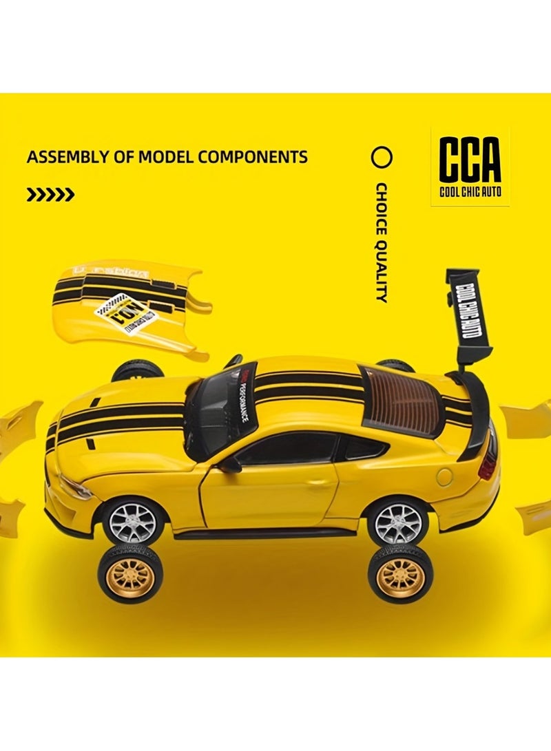 A Box Of 1:42 Ford Mustang GT2018 Yellow Classic Car Model With Opening Doors, Rotating Wheels, And Replaceable Accessories - Image 4
