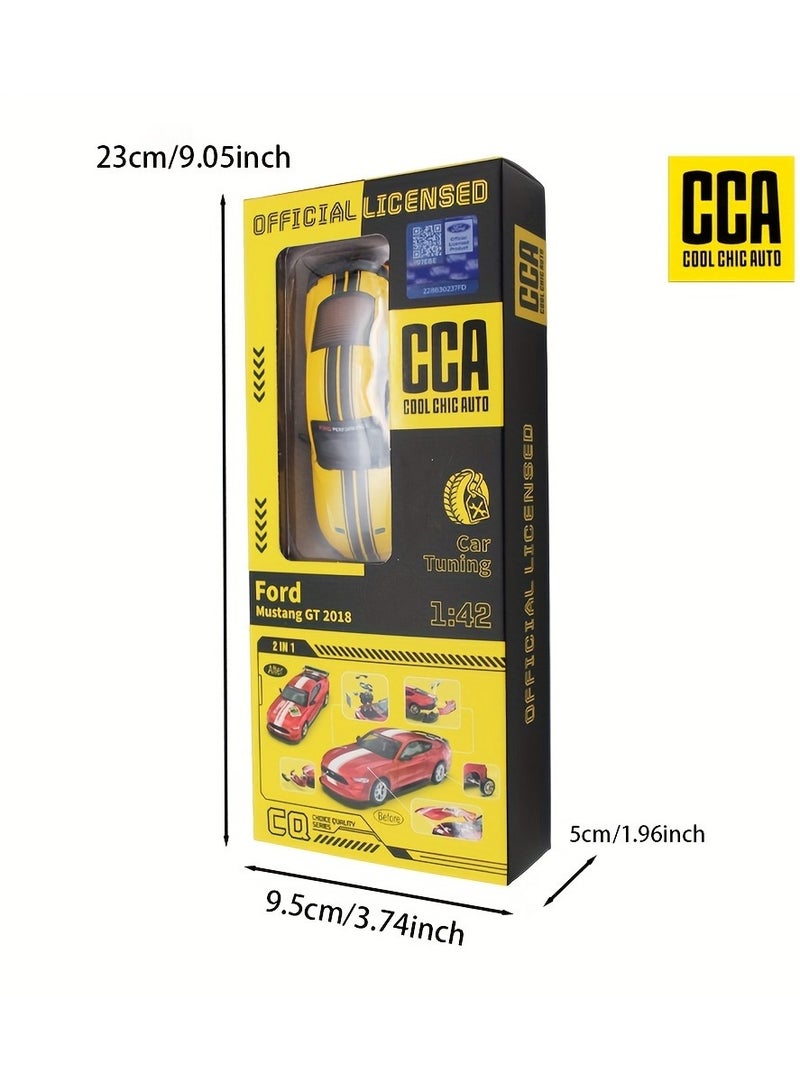 A Box Of 1:42 Ford Mustang GT2018 Yellow Classic Car Model With Opening Doors, Rotating Wheels, And Replaceable Accessories - Image 3