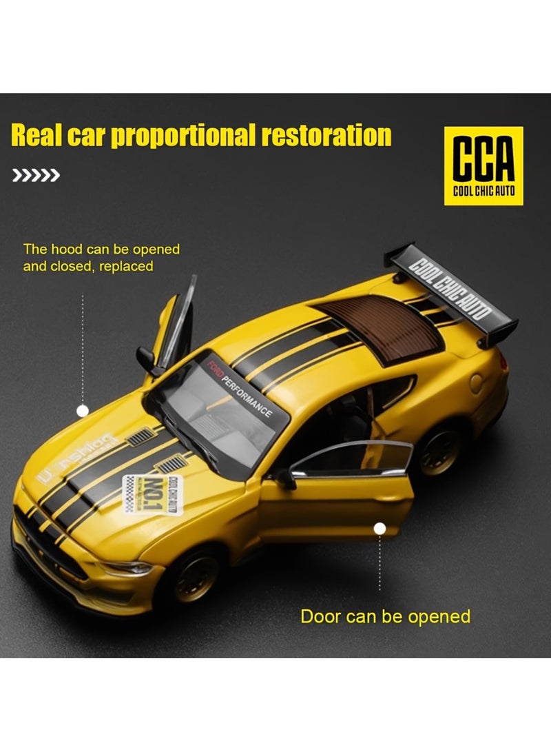 A Box Of 1:42 Ford Mustang GT2018 Yellow Classic Car Model With Opening Doors, Rotating Wheels, And Replaceable Accessories - Image 2