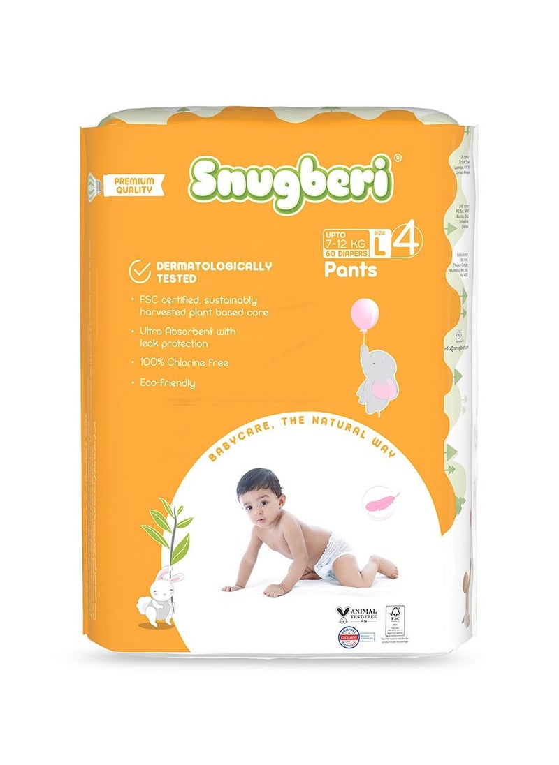 Snugberi Premium Eco-Friendly Chlorine Free Feather Soft Printed Diapers Made Of Natural Wood Pulp With Wetness Indicator Diaper Pants Size 4 Large 7-12 Kg - Mega Pack 60'S  - Image 1
