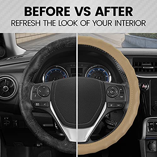 BDK Genuine Beige Leather Steering Wheel Cover for Car, Small 13.5-14 inch – Ergonomic Comfort Grip for Men & Women, Car Steering Wheel Cover for Vehicles with Small Steering Wheel - Image 4