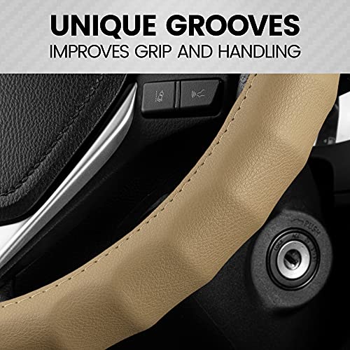 BDK Genuine Beige Leather Steering Wheel Cover for Car, Small 13.5-14 inch – Ergonomic Comfort Grip for Men & Women, Car Steering Wheel Cover for Vehicles with Small Steering Wheel - Image 5