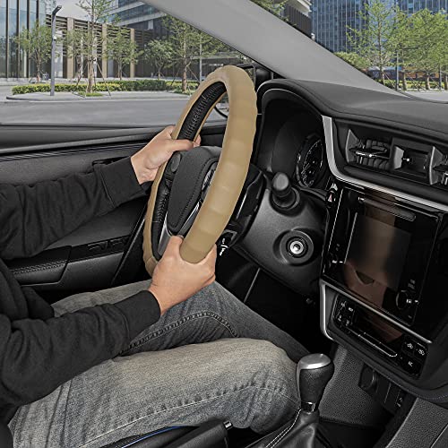 BDK Genuine Beige Leather Steering Wheel Cover for Car, Small 13.5-14 inch – Ergonomic Comfort Grip for Men & Women, Car Steering Wheel Cover for Vehicles with Small Steering Wheel - Image 3