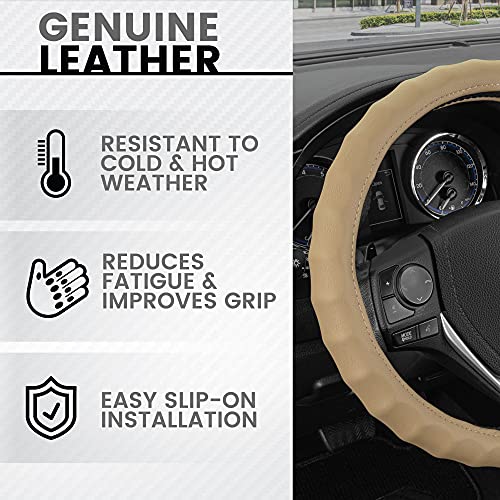 BDK Genuine Beige Leather Steering Wheel Cover for Car, Small 13.5-14 inch – Ergonomic Comfort Grip for Men & Women, Car Steering Wheel Cover for Vehicles with Small Steering Wheel - Image 2