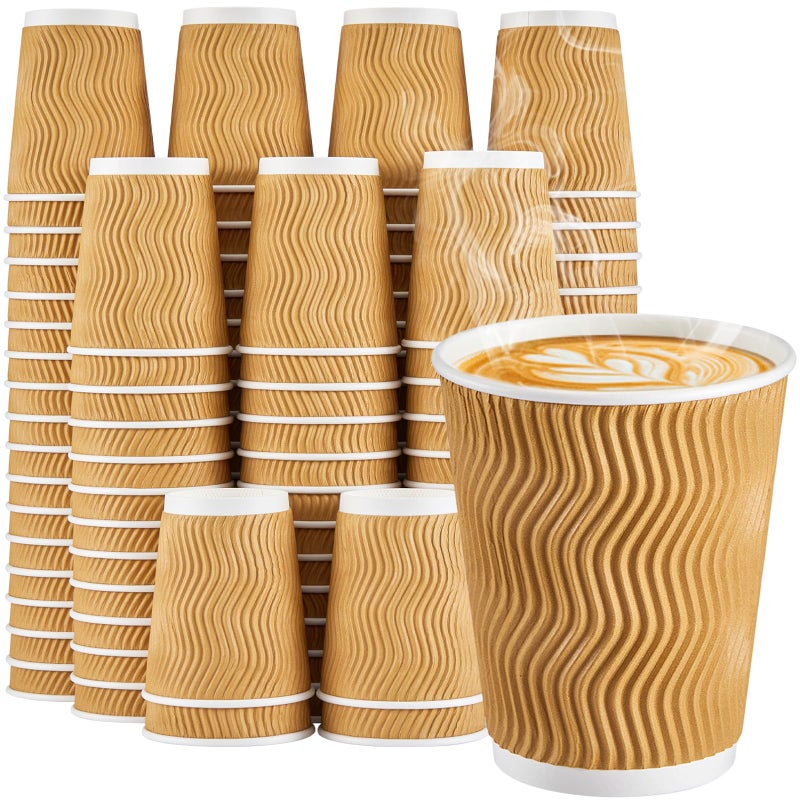 SIUQ 8 oz Coffee Cups - 150 Pack, Insulated Disposable Paper Cups 8 oz, Corrugated Ripple Wall Cups for Hot Beverage or Cold Drinks (Champagne) - Image 1