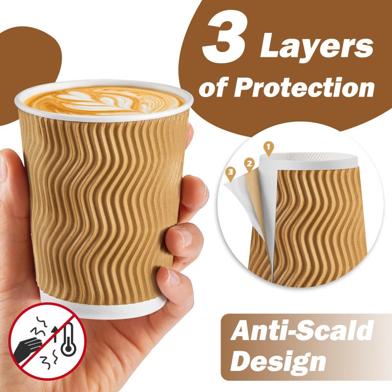 SIUQ 8 oz Coffee Cups - 150 Pack, Insulated Disposable Paper Cups 8 oz, Corrugated Ripple Wall Cups for Hot Beverage or Cold Drinks (Champagne) - Image 2