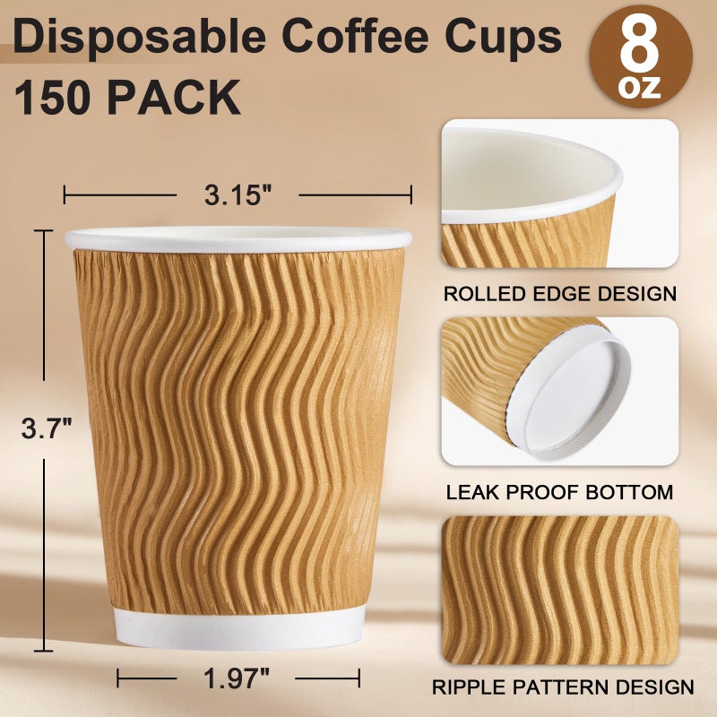 SIUQ 8 oz Coffee Cups - 150 Pack, Insulated Disposable Paper Cups 8 oz, Corrugated Ripple Wall Cups for Hot Beverage or Cold Drinks (Champagne) - Image 3